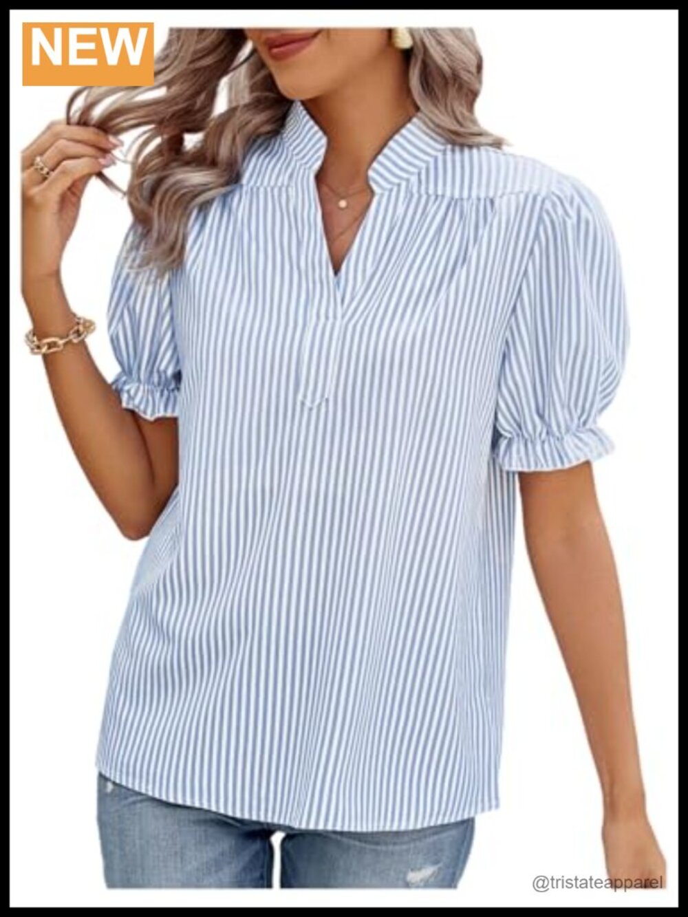 Striped Puff Sleeve Notch V-Neck Blouse, Polyester Blend, Women's Fashion Top